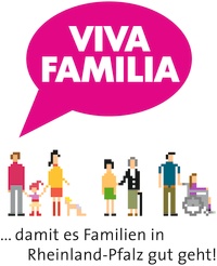 Logo von "Viva Fmilia". Verpixelt dargestellte Menschen mehrerer Generationen mit dem Schriftzug: ...damit es Famlilien in Rheinalnd-Pfalz gut geht!"