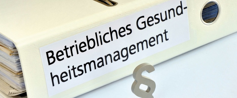 Ein Ordnerrücken mit der Aufschrift: Betriebliches Gesundheitsmanagement. Davor ein Paragraphenzeichen.