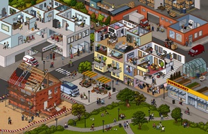 Ein Wimmelbild von einer kleinen Stadt.